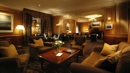 Elegant Hotel Lounge with Cozy Seating and Warm Lighting Atmosphere