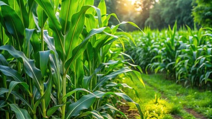 Obraz premium A corner of a lush green garden with a few blades of cornstalks growing out of it, surrounded by vibrant green leaves and stems , vegetation, nature