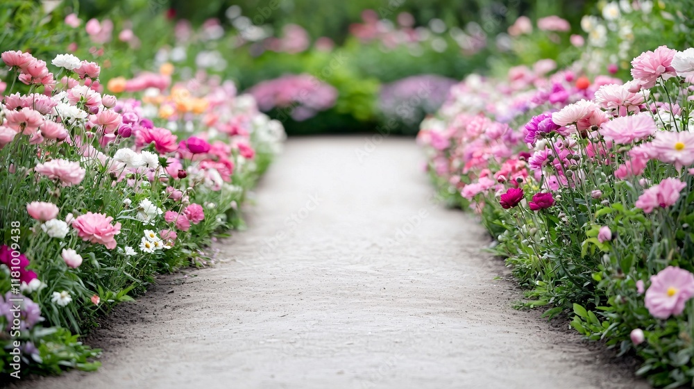 Poster a garden path covered in different varieties of flowers, creating a bright and colorful natural sett