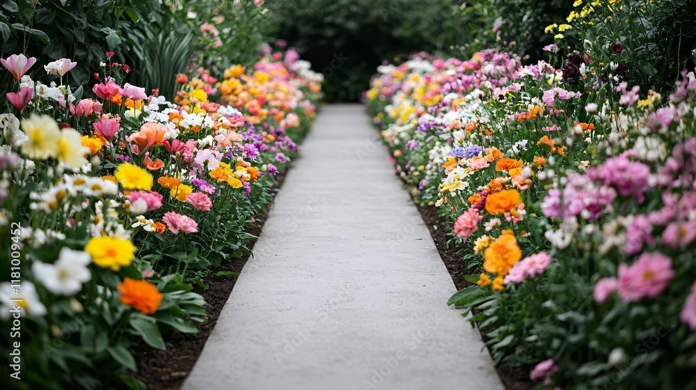 Poster a garden path covered in different varieties of flowers, creating a bright and colorful natural sett