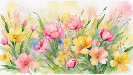 Spring flowers in pastel yellows and pinks with watercolor brushstrokes