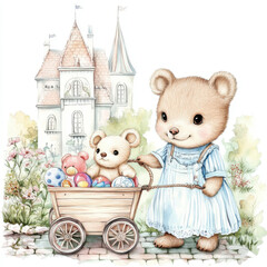 Cute bear character pulling cart filled with colorful toys near whimsical castle. scene is cheerful and playful, perfect for children illustrations