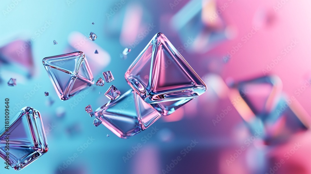 Poster a holographic 3d pattern featuring shapes like triangles and cubes floating in space, with shimmerin