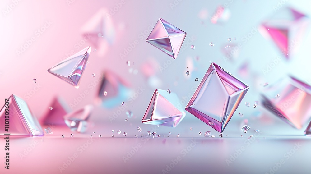 Poster a holographic 3d pattern featuring shapes like triangles and cubes floating in space, with shimmerin