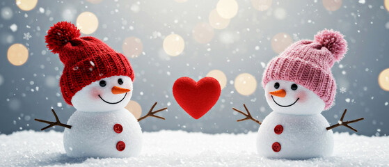 Adorable Snowman Couple Sharing Love with Red Heart – Winter-Themed Romantic Design