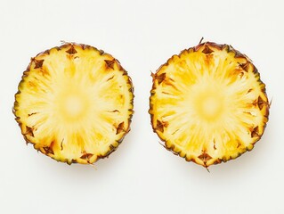Freshly Cut Pineapple Halves Displaying Juicy Yellow Flesh and Thorny Brown Edges on a Clean White Background for Culinary and Tropical Themes