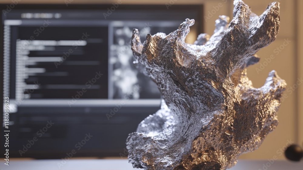 Fototapete close-up of a 3d-rendered metallic, organic form on a desk with a computer screen in the background.