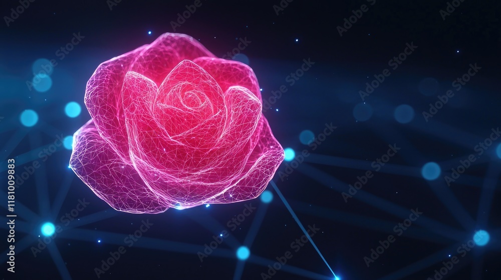 Poster futuristic digital rose render in vibrant colors with connecting technology elements in a network se