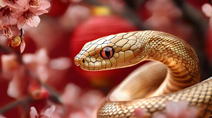 Fototapeta premium Beautiful golden wavy snake on red background with cherry blossom flowers and asian lanterns. Happy Chinese Lunar New Year 2025. Snake zodiac sign, horoskope. Animal character, exotic pet