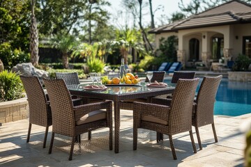 Outdoor dining set with wicker chairs and square glass table, poolside setting with plants, water glasses, and coffee. Cozy patio furniture design.