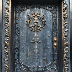 A photo of a rustic iron door with intricate carvings and a weathered finish.