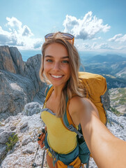 Naklejka premium blonde hiker taking a selfie