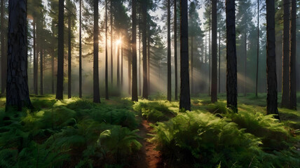 Obraz premium A panoramic view of a misty forest at sunrise, with sunlight filtering through tall pine trees and dew-covered grass