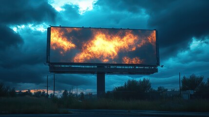 Fiery Billboard Under a Dramatic Sky: A Surreal Landscape
