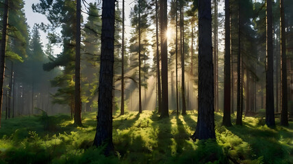 Fototapeta premium A panoramic view of a misty forest at sunrise, with sunlight filtering through tall pine trees and dew-covered grass