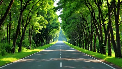 Fototapeta premium Serene road through lush green tree-lined avenue, summer sunlight dappling path. Perfect for travel, nature, and transportation themes.