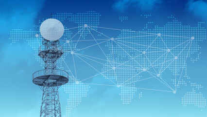 Internet communication world wide, Radio Signal Tower connection network, Digital data broadband.