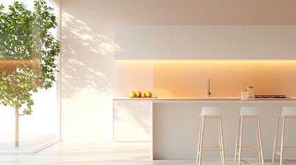 An image of a modern kitchen interior with accents in Peach Fuzz, creating a warm and inviting atmosphere,