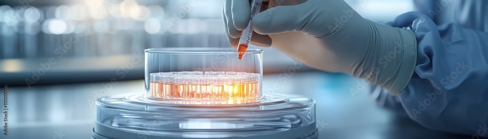 Poster focused scientist analyzing blood sample in laboratory with test tube under bright lights creating a