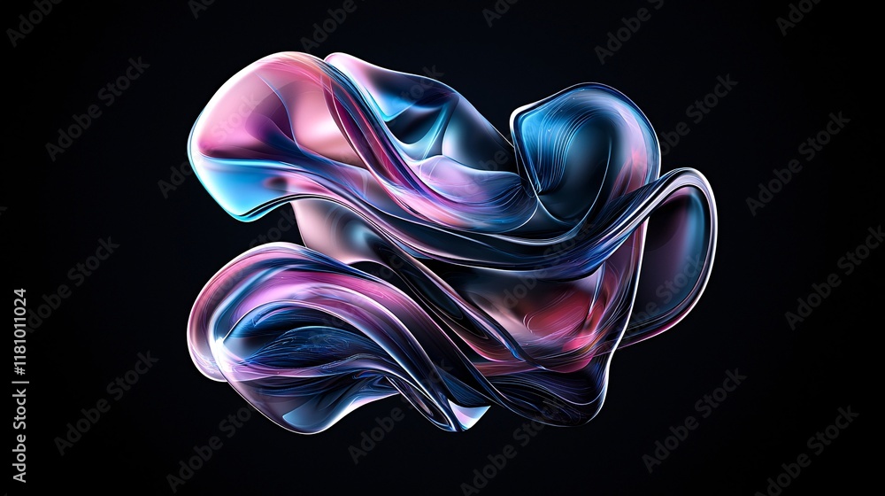 Poster a 3d abstract shape that appears to float off the screen, with dynamic colors and depth, creating a 