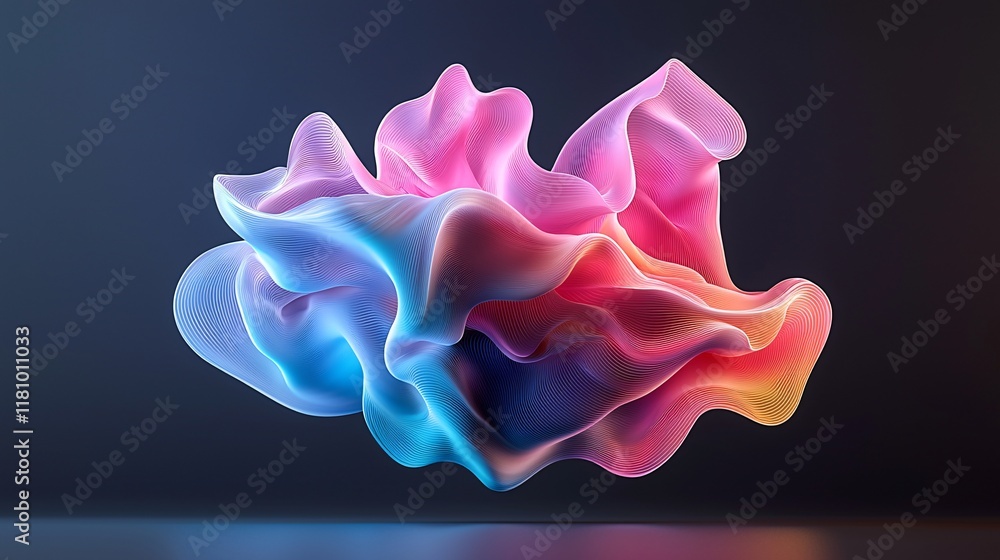 Poster a 3d abstract shape that appears to float off the screen, with dynamic colors and depth, creating a 