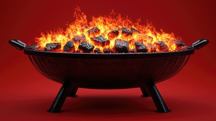 Embers glowing in a black metal grill, set against a rich red backdrop. Perfect for summer barbecues and outdoor cooking.