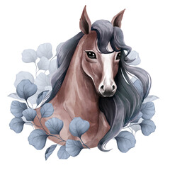 Watercolor horse head with blue leaves. Spring animal illustration. © Gribanessa