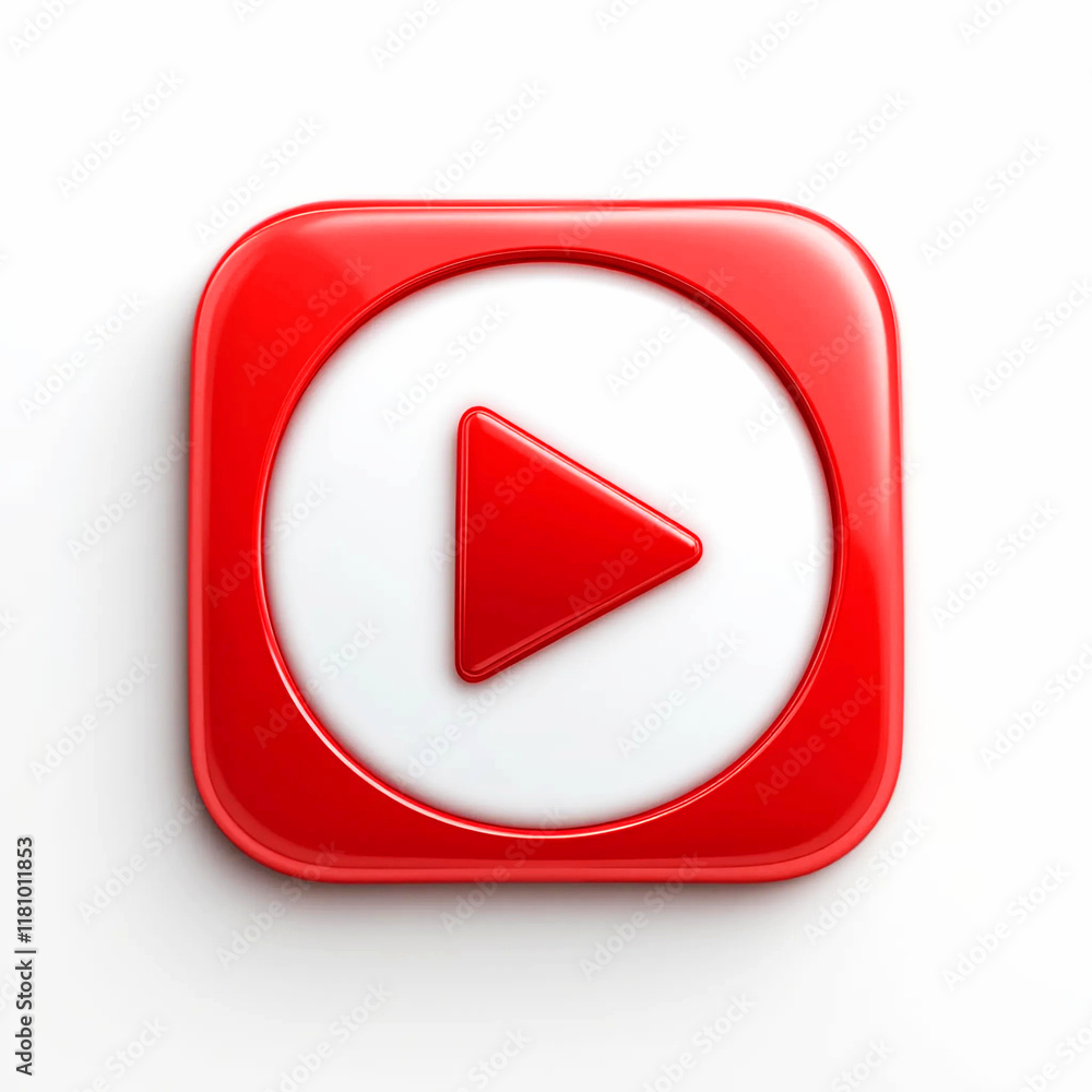 Wall mural 3d red play icon and button red square on white background. red play icon
