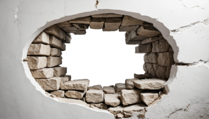 Rough circular hole in cracked white wall revealing stone interior. With clipping path. Stone texture