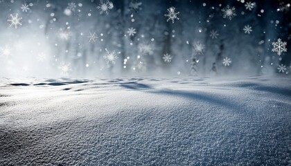 冬の真っ白な雪が積る灰色のモノクロ風景と雪の結晶の背景。aiで生成
