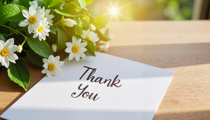 Fresh flower bouquet with thank you card on table, expressing gratitude