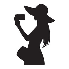 Silhouette Woman Taking Selfie Summer Hat Vector Art