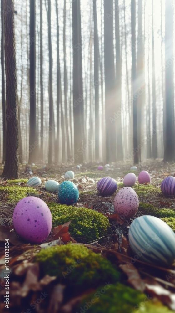 Poster sunlight filters through trees in a forest clearing filled with colorful easter eggs among moss and 