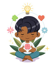 Cute style man meditating, mindfulness brain cartoon illustration