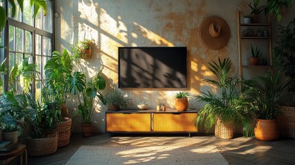 Sunlit Living Room with Lush Greenery and Modern Decor
