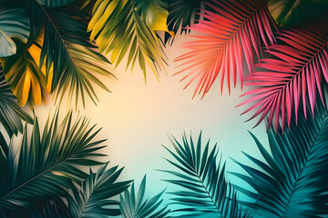 Vintage frame made of palm leaves. Tropical background with copy space in gradient colors. Summer party, travel, holiday, vacation. Border for banner, poster, invitation