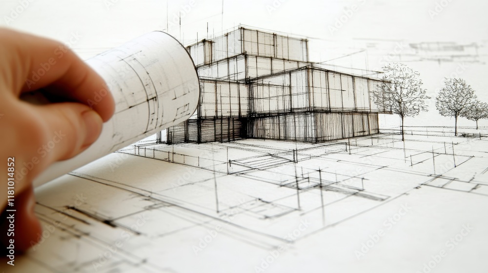 Poster architectural design blueprint and modern building sketch
