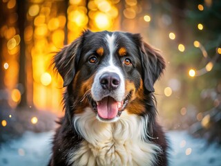 Snowy forest bokeh frames a joyful Berner Sennen, a winter pet photography dream.