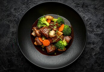 Hearty Beef Stew with Fresh Vegetables Served in a Rustic Bowl, Featuring Tender Meat, Carrots, Broccoli, Mushrooms, and Savory Broth on a Dark Background