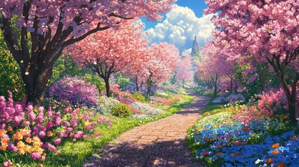 Dreamy Garden Path Flanked by Cherry Blossom Trees Under a Bright Blue Sky
