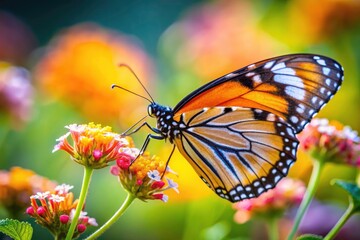 Obraz premium Tilt-shift magic transforms close-up shots of African Monarch and Plain Tiger butterflies into enchanting miniature worlds.