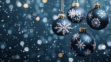 Blue Snowflake Christmas Ornaments Hanging Festive Winter Background.