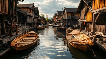 Obraz premium A photo of a small fishing village with wooden boats and houses from the 1600s.