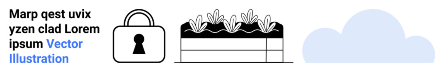 Padlock symbol representing security next to a data storage center and cloud icon, indicating data protection, cloud solutions. Ideal for cybersecurity, cloud storage, secure data, IT solutions, data