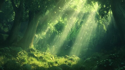 Lush forest with sunlight streaming through the trees, soft focus, professional and calming atmosphere