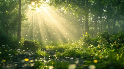 Lush forest with sunlight streaming through the trees, soft focus, professional and calming atmosphere