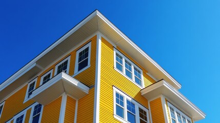 Bright Yellow House Corner Rising Against Vivid Blue Sky.