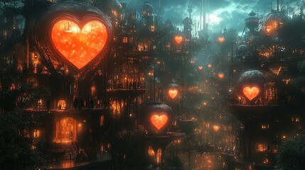 Naklejka premium A surreal fantasy city with glowing heart-shaped domes and floating pathways