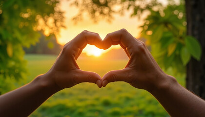 Hands forming heart shape at dawn in nature, love and health awareness