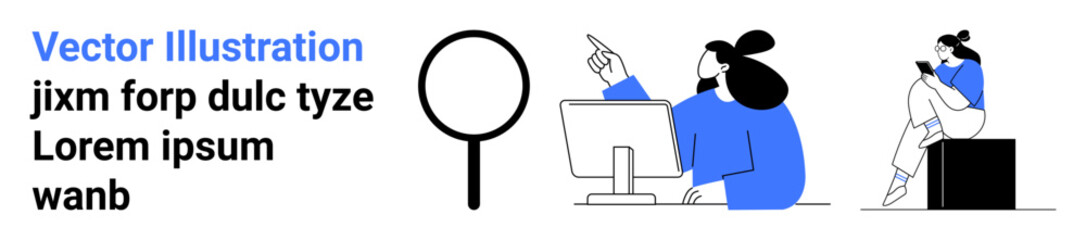 Large magnifying glass between two individuals one points at a computer screen while another uses a mobile device. Ideal for teamwork, communication, collaboration, evaluation, technology